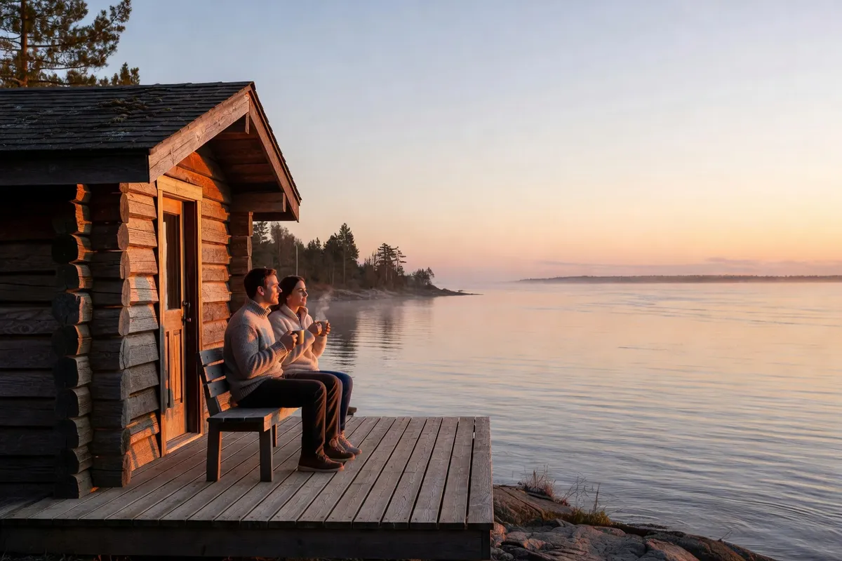 Couple sur la terrasse d'un chalet au bord du Saint-Laurent près de Rimouski au lever du soleil