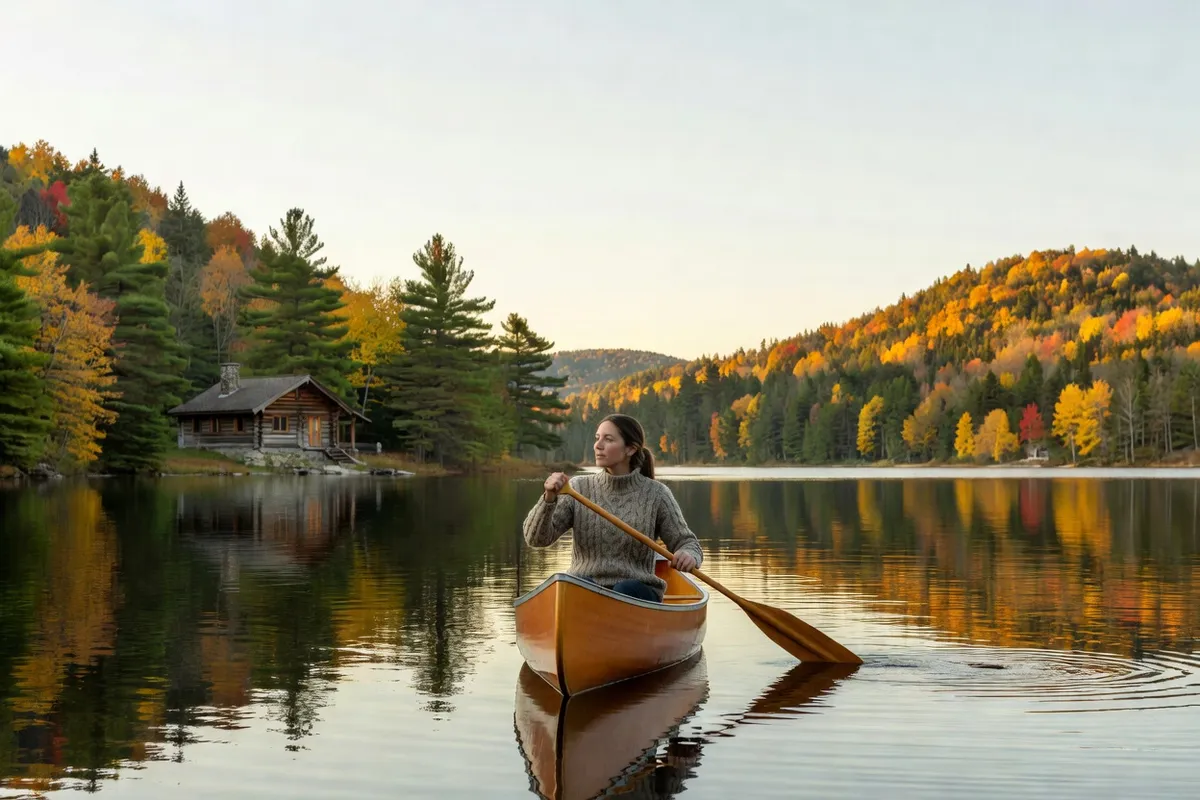 Canot sur un lac calme des Hautes-Laurentides à l'automne, avec un chalet en bois sur la rive