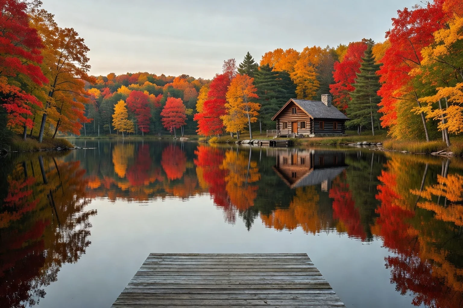 Vue d'un lac entouré d'érables rouges et oranges vus depuis le quai d'un chalet au Québec
