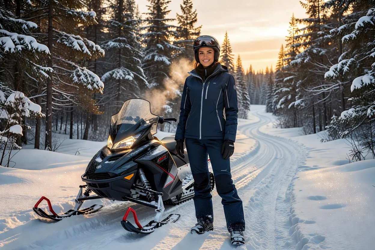 Femme en tenue de motoneige devant une motoneige sur un sentier enneigé au Québec