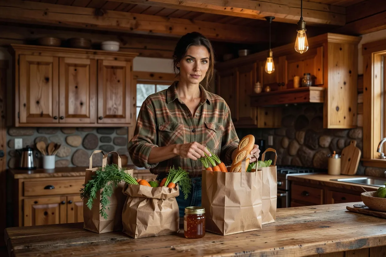 Femme rangeant des sacs d'épicerie dans une cuisine de chalet en bois au Québec