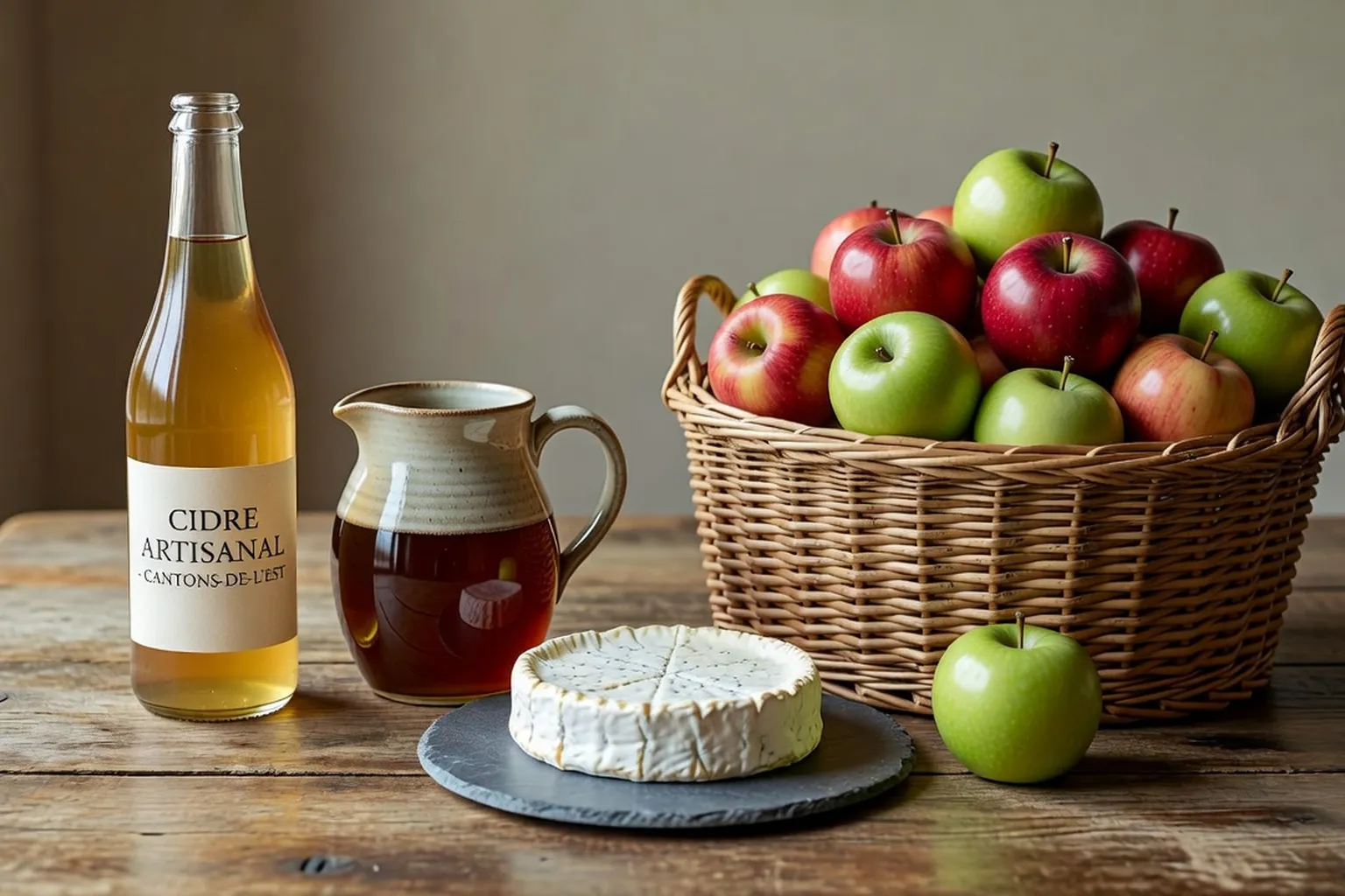 Produits du terroir des Cantons-de-l'Est : bouteille de cidre, sirop d'érable, fromage de chèvre, paniers de pommes