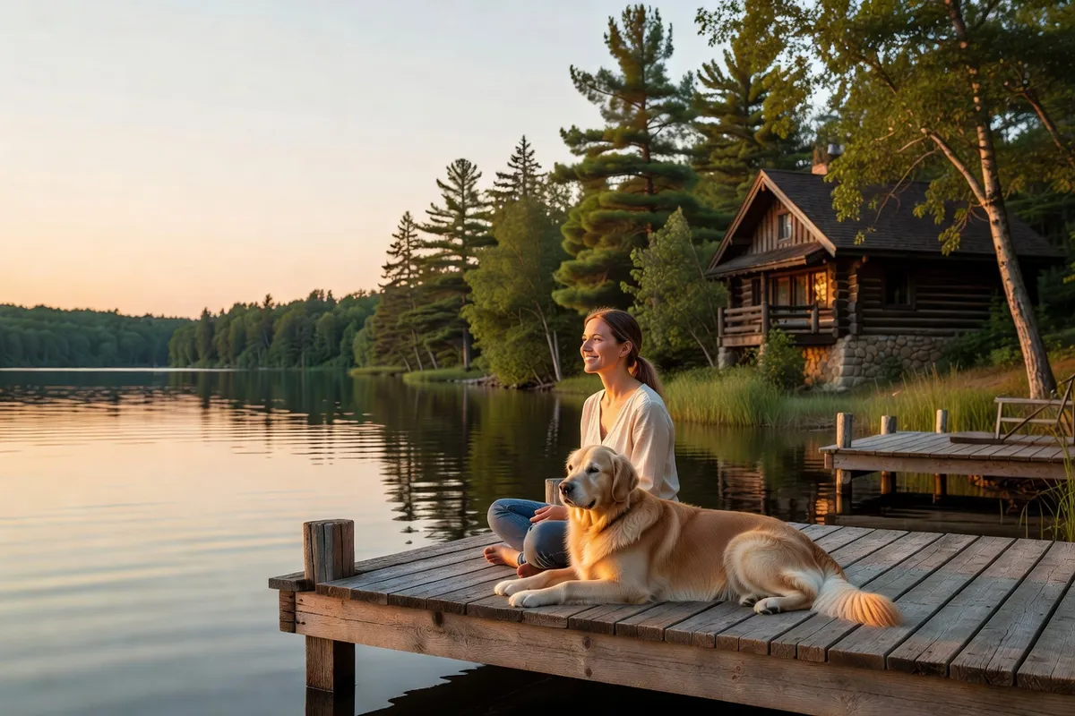 Woman sitting on the dock of a lakeside chalet with her golden retriever in Quebec
