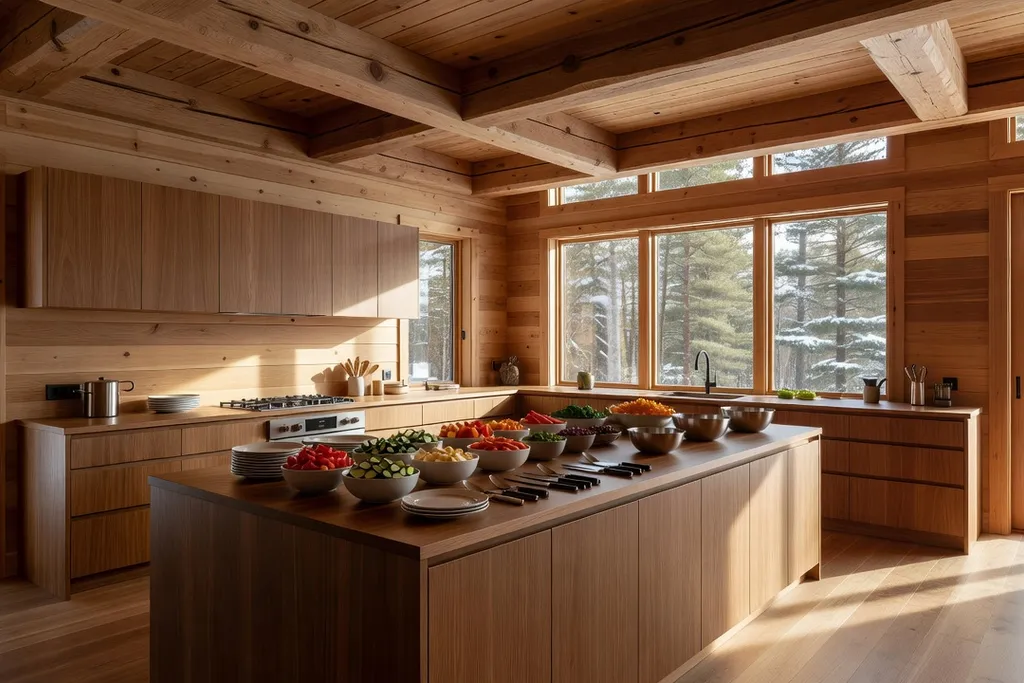 Cuisine spacieuse d'un chalet québécois aménagée pour recevoir un grand groupe familial
