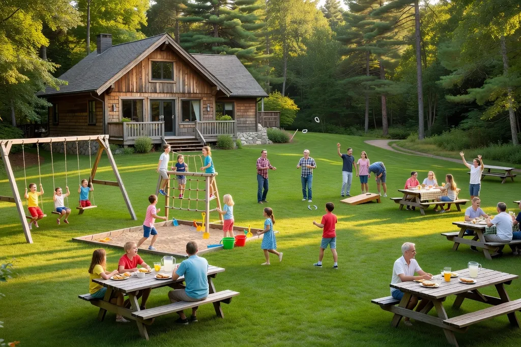 Terrain de jeux extérieur d'un chalet familial québécois avec espace pour enfants et adultes