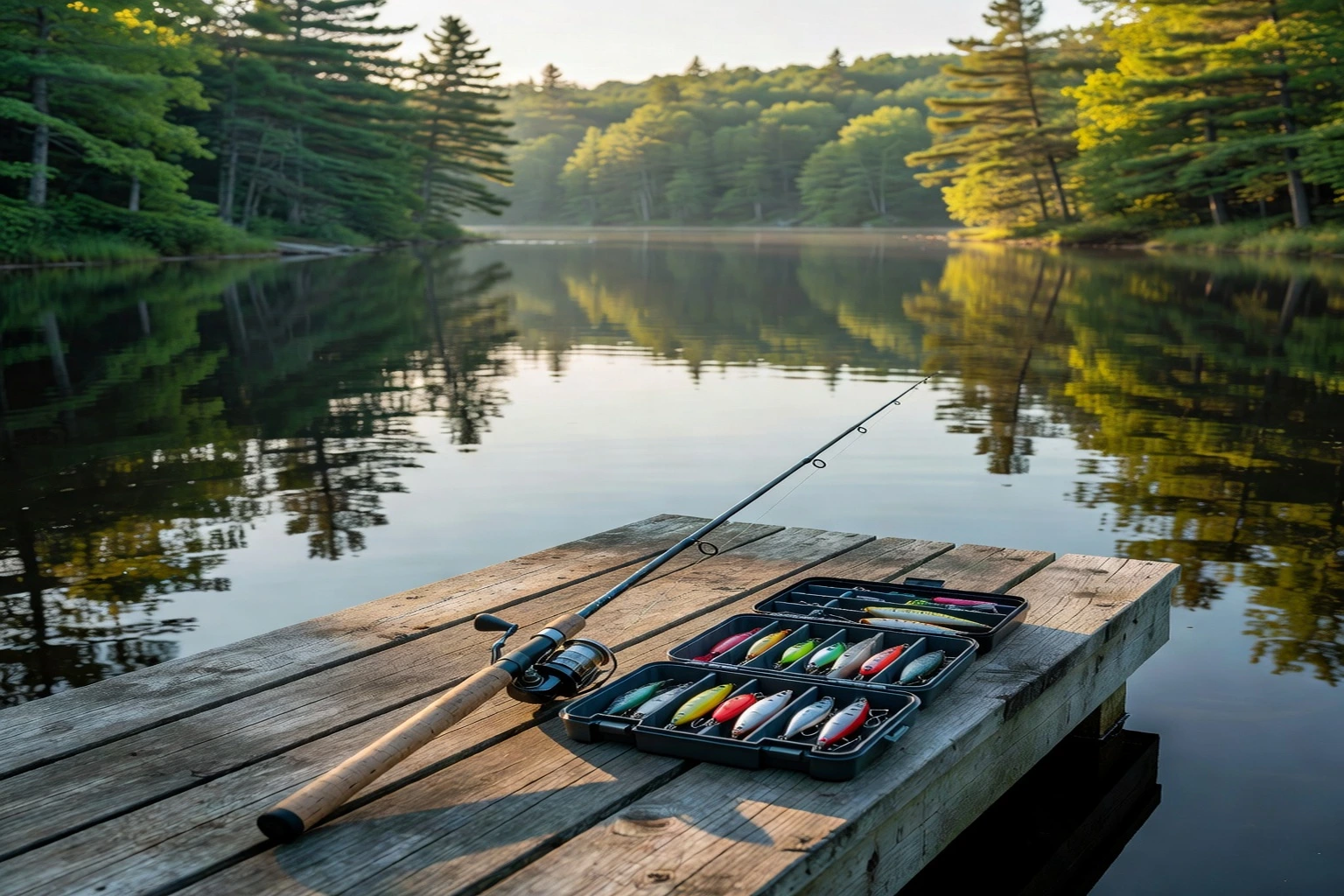 Pêcheur au bord d'un lac québécois en début de journée, canne à la main