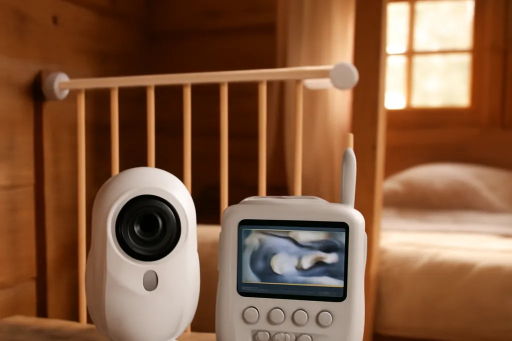 Baby monitor and portable safety gate set up in a wooden cottage bedroom