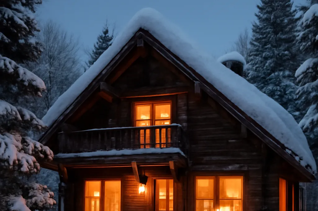 Snowy Quebec chalet exterior in winter with warm lights on