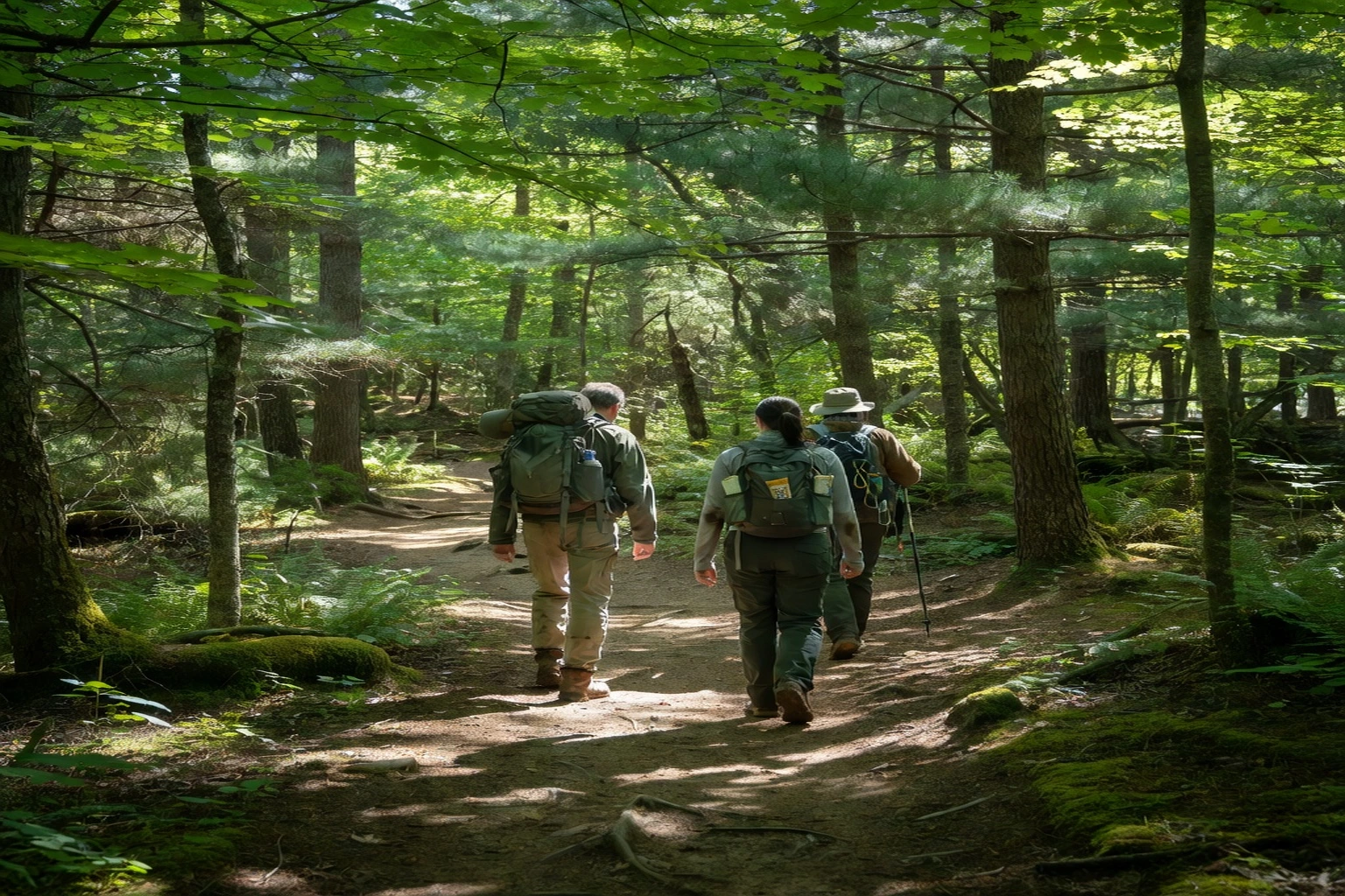 Randonneurs sur un sentier forestier du Parc d'environnement naturel de Sutton en été