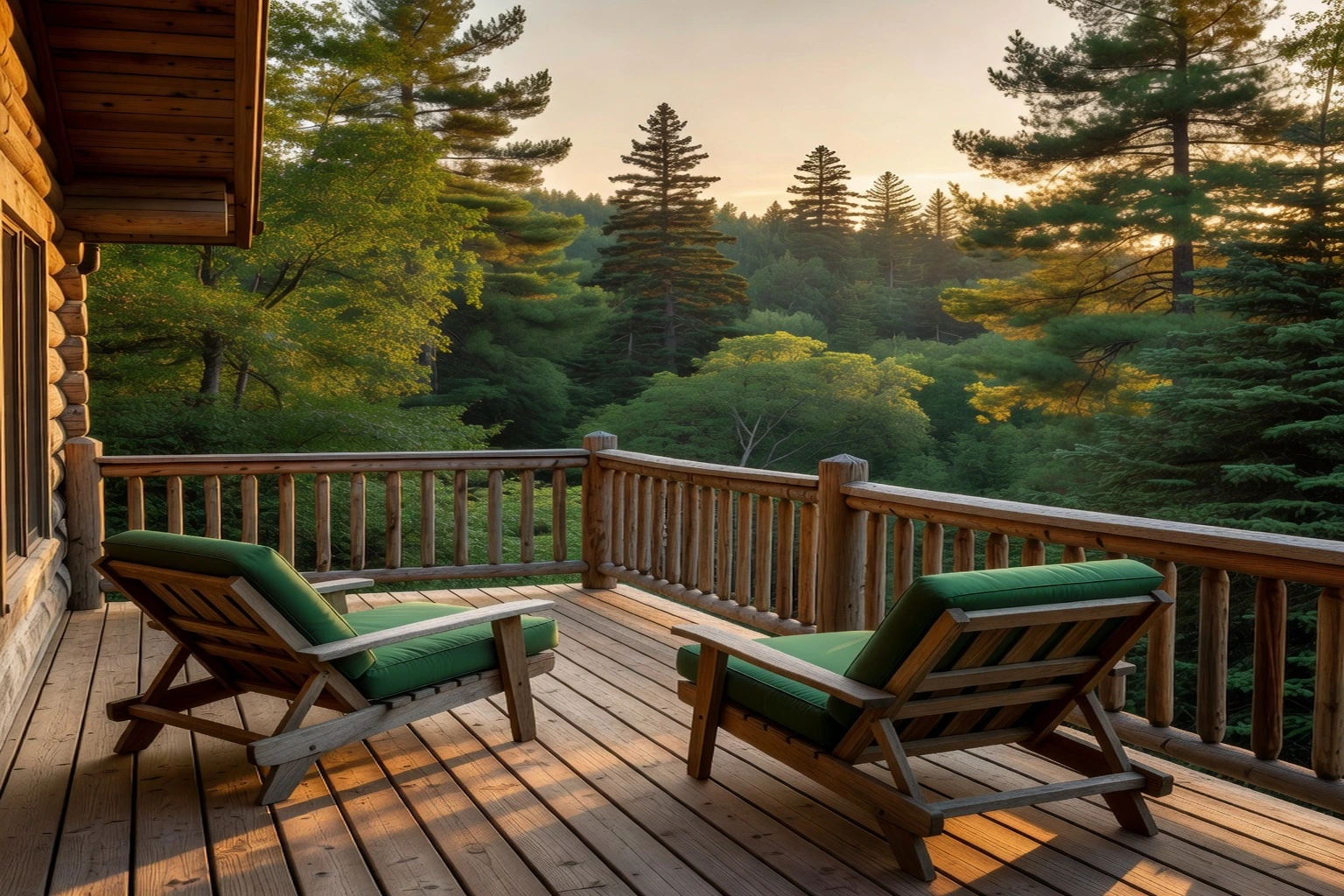 Terrasse en bois d'un chalet avec vue sur la forêt des Cantons-de-l'Est au coucher du soleil