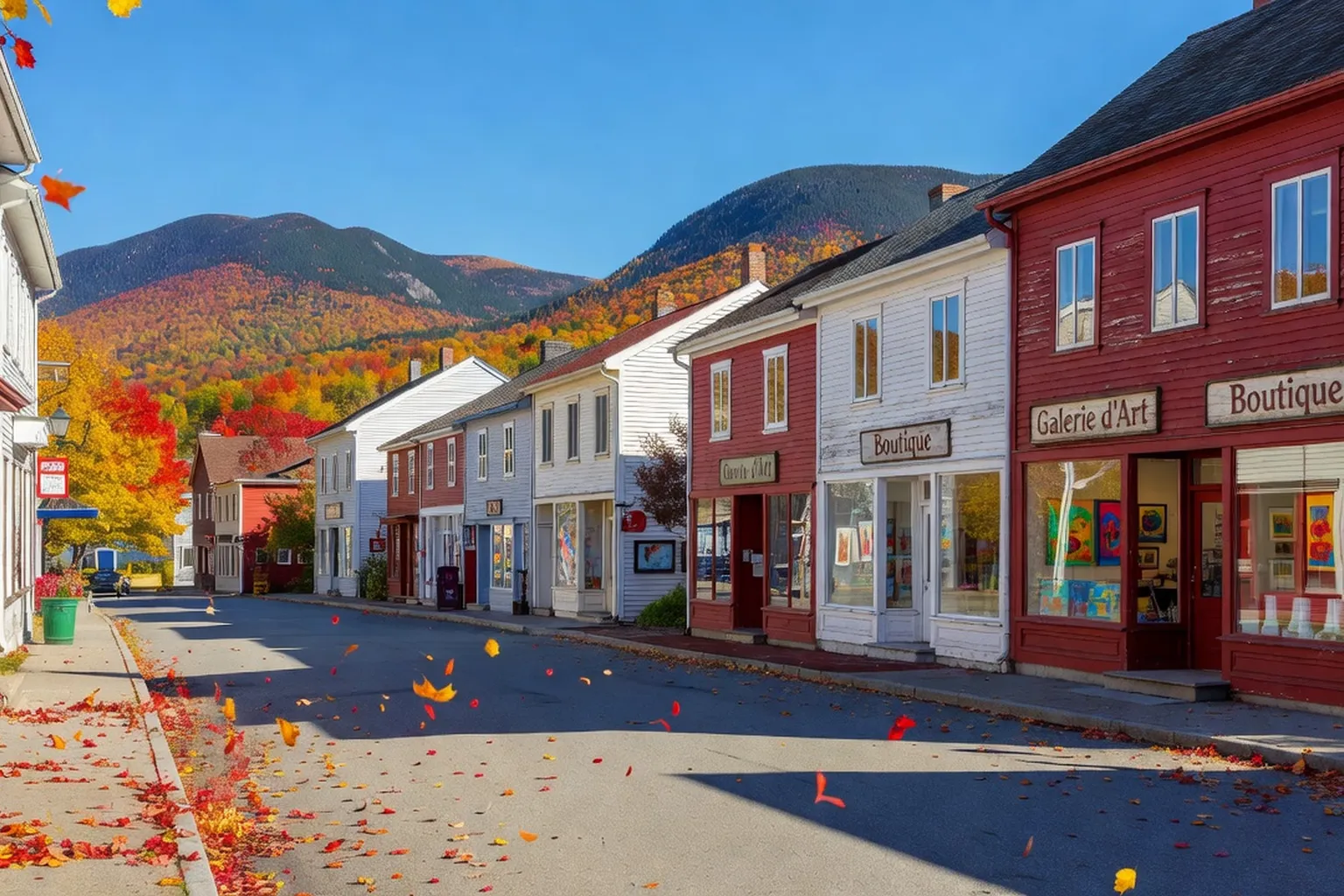 Baie-Saint-Paul en automne : rue principale colorée, galeries d'art, montagnes en arrière-plan