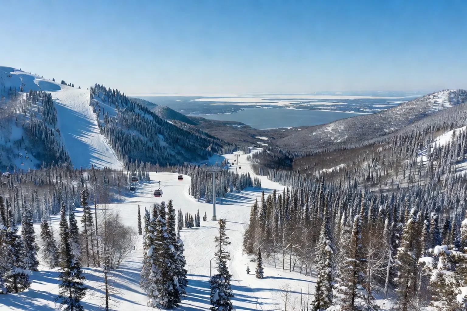 Petite-Rivière-Saint-François en hiver : station de ski Le Massif au-dessus du fleuve Saint-Laurent