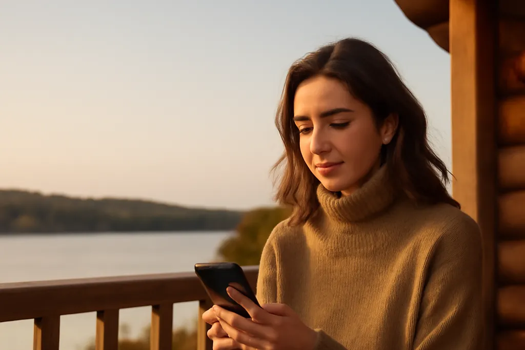 Femme vérifiant une confirmation de réservation sur son téléphone sur une terrasse de chalet avec vue sur le lac