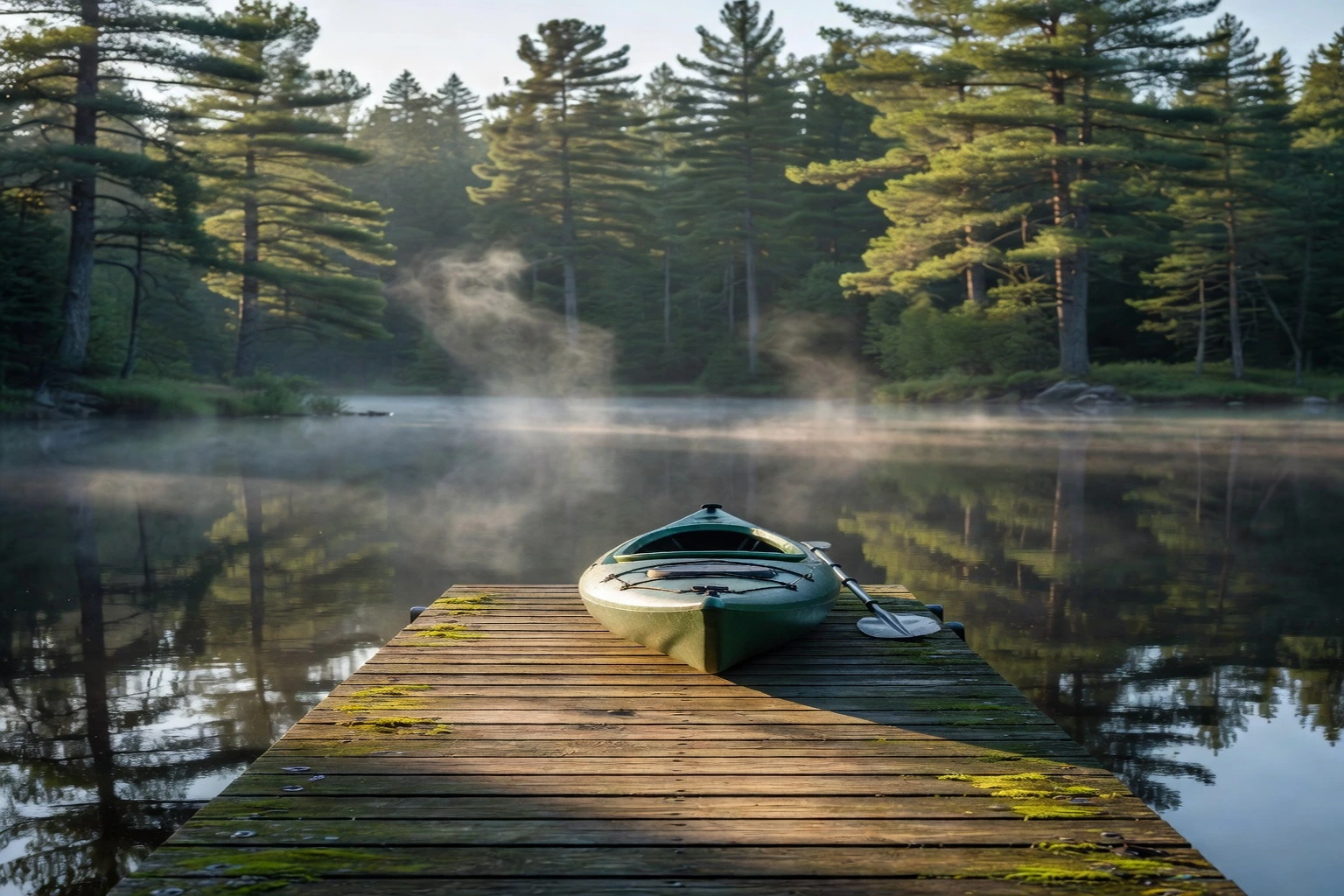Quai en bois sur un lac calme des Laurentides avec kayak et forêt boréale