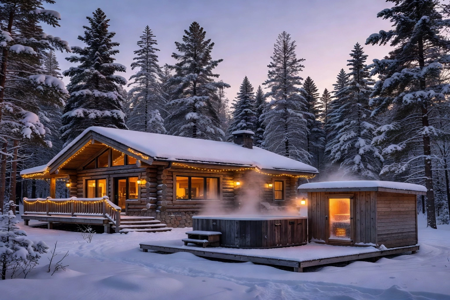 Chalet avec spa extérieur en hiver dans les Laurentides enneigées