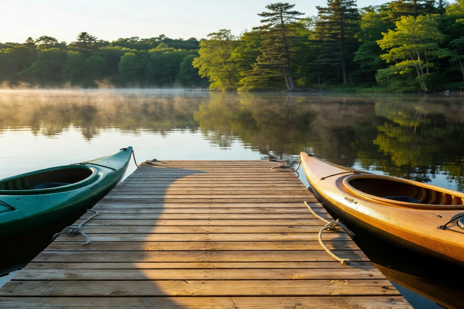 Private wooden dock and kayaks on the calm surface of Lac Marsan at sunrise