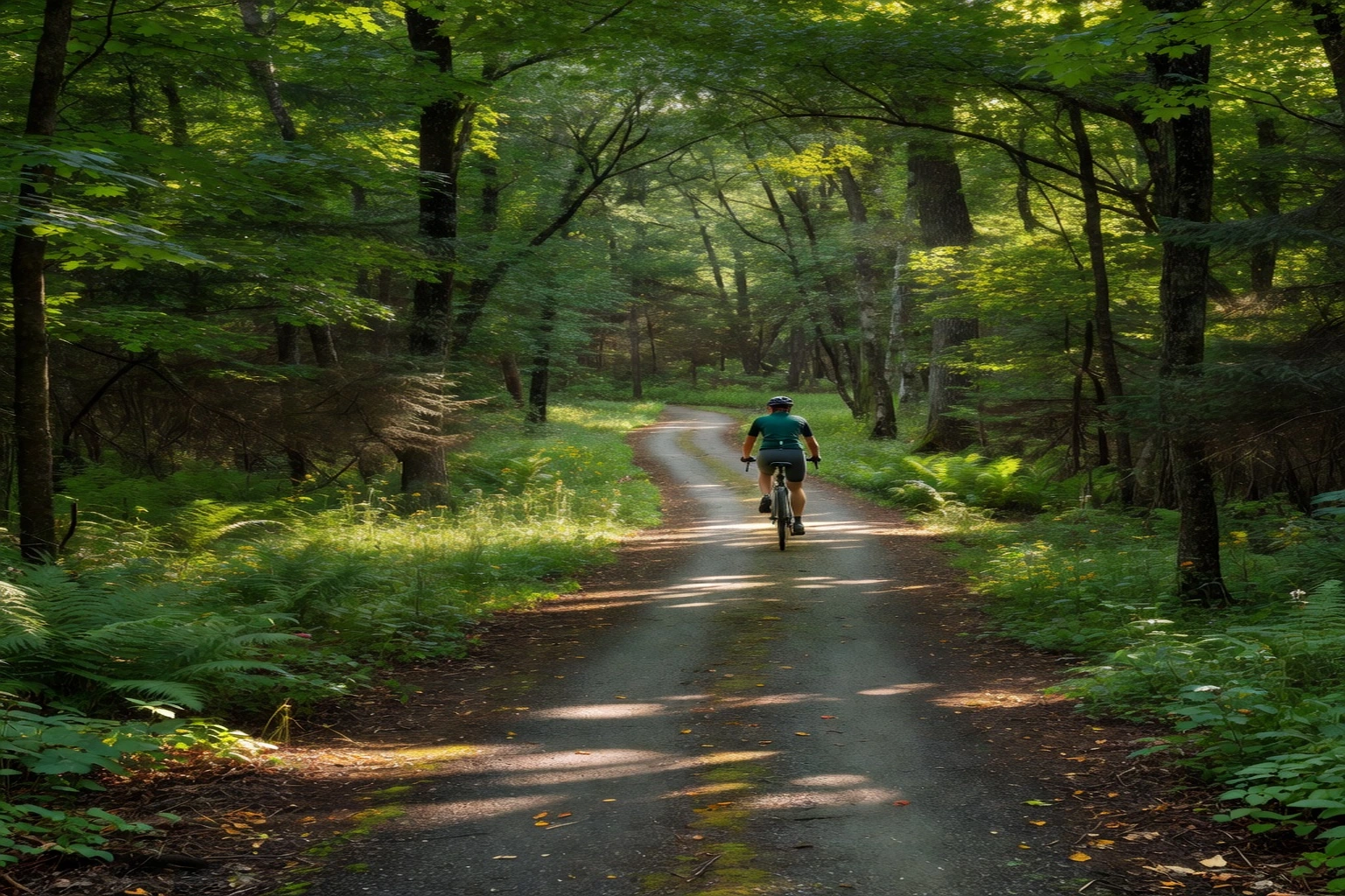 Cyclists on the shaded P'tit Train du Nord trail near Rivière-Rouge in summer