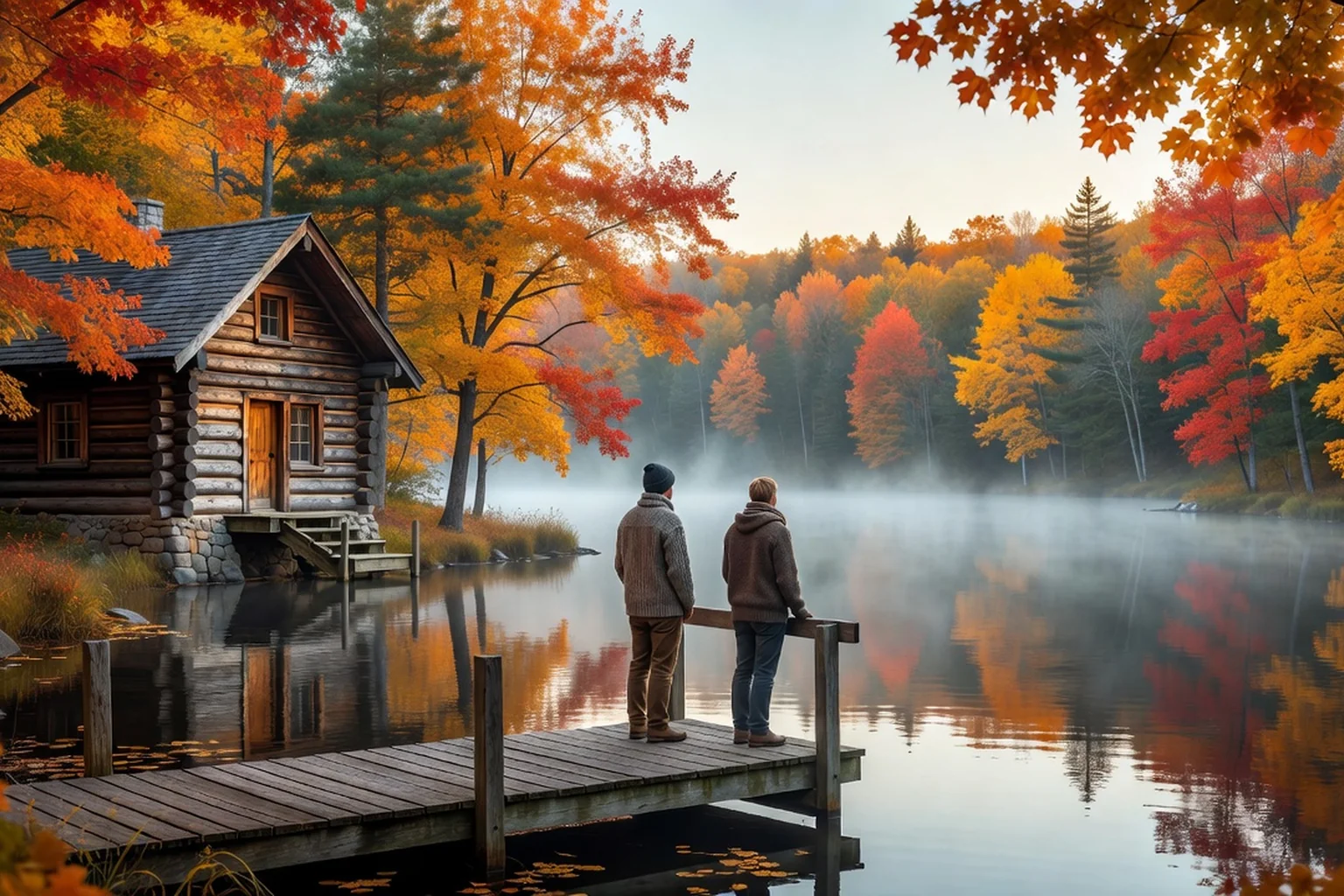 Fall colours over a lake surrounded by red and orange maples, seen from a cottage dock in Quebec