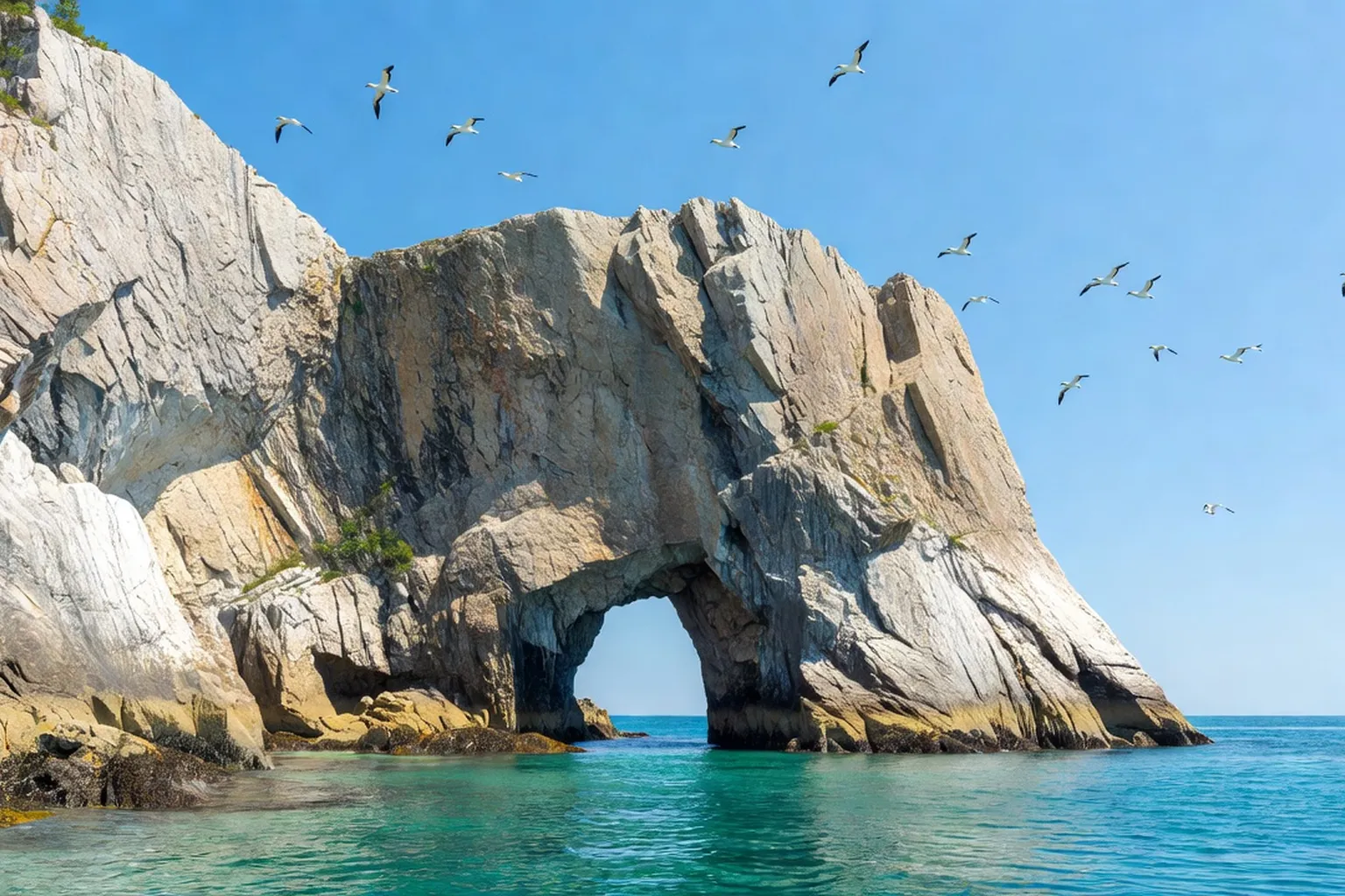 Le rocher Percé en Gaspésie : falaise de calcaire, mer turquoise et oiseaux marins en été