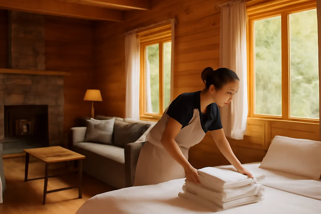 Équipe de ménage préparant un chalet québécois entre deux locations