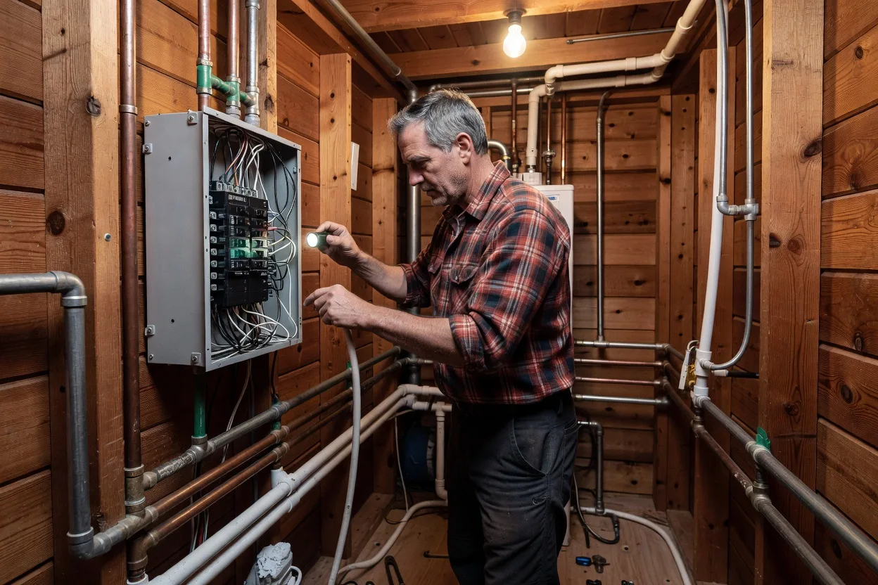Propriétaire vérifiant le disjoncteur électrique et la tuyauterie dans le sous-sol technique d'un chalet québécois