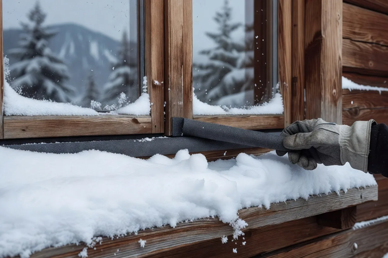 Volets et fenêtres d'un chalet québécois calfeutrés avant l'hiver avec accumulation de neige au sol