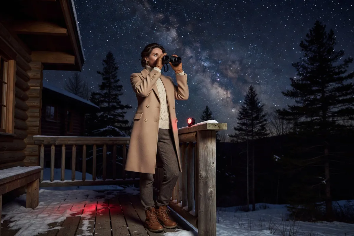 Femme adulte en tenue chaude observant le ciel avec des jumelles sur la terrasse d'un chalet.