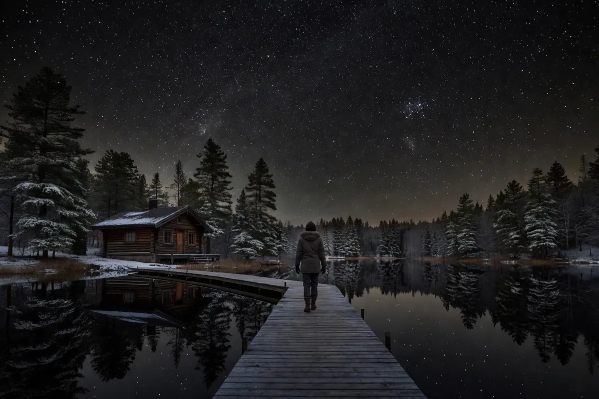 Chalet québécois au bord d'un lac et quai sombre sous un ciel étoilé.