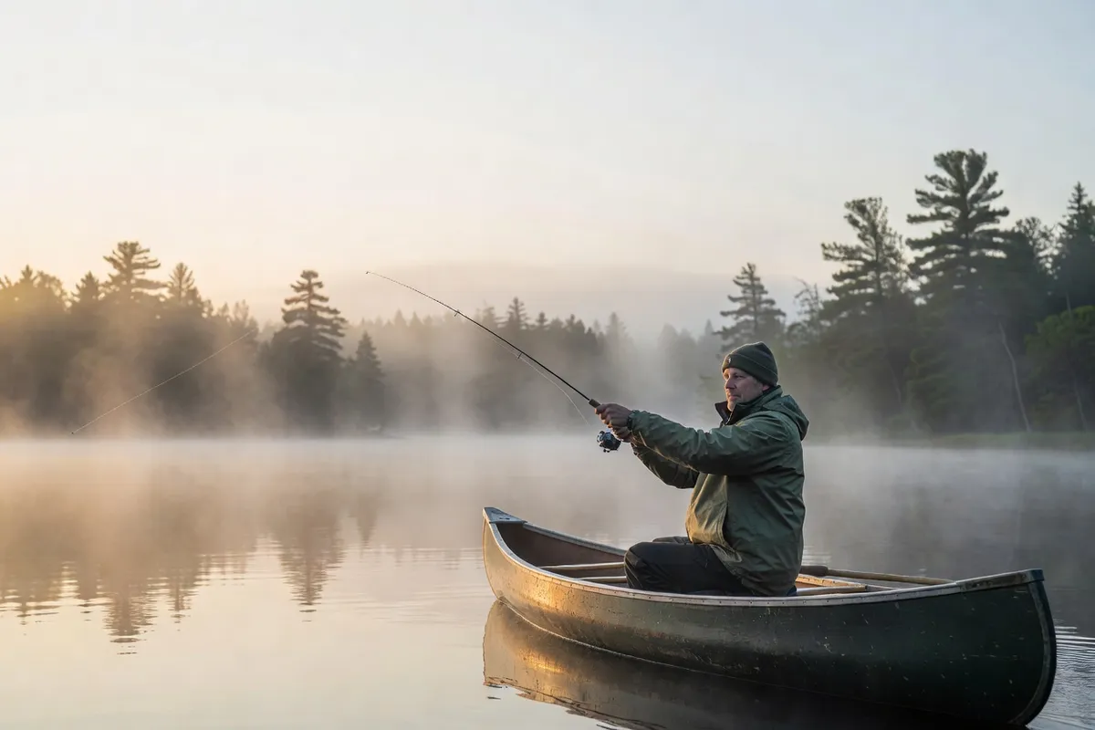 Angler casting a line from a canoe on a misty Quebec lake at dawn