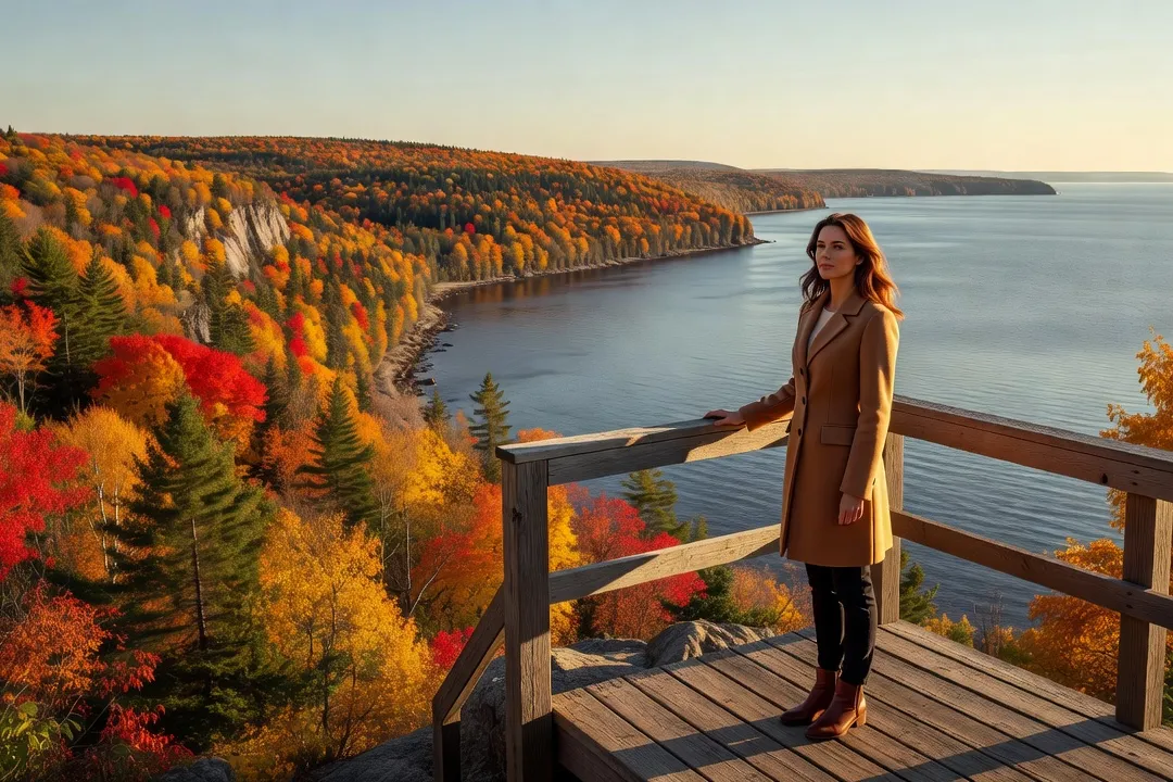Woman standing on a scenic overlook above the Charlevoix coastline in autumn