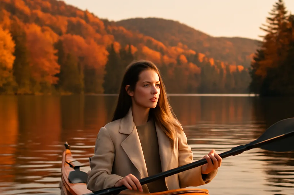 Woman kayaking on a calm Laurentians lake surrounded by autumn forest