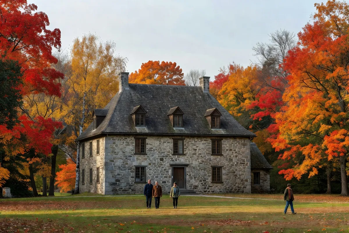 Manoir seigneurial en pierre du Québec en automne avec des visiteurs sur la pelouse