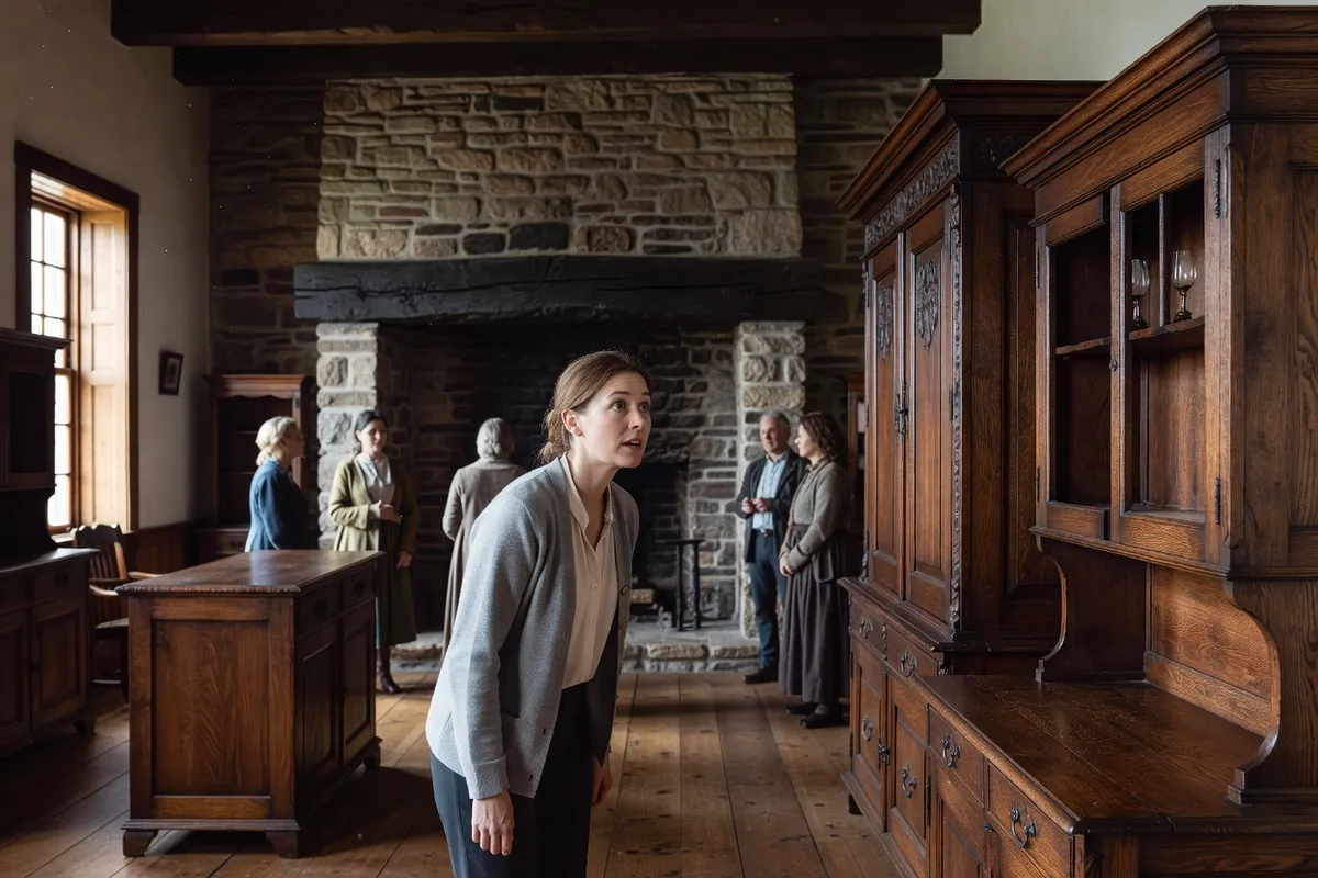 Visiteuse admirant des meubles anciens et une cheminée en pierre dans un manoir historique