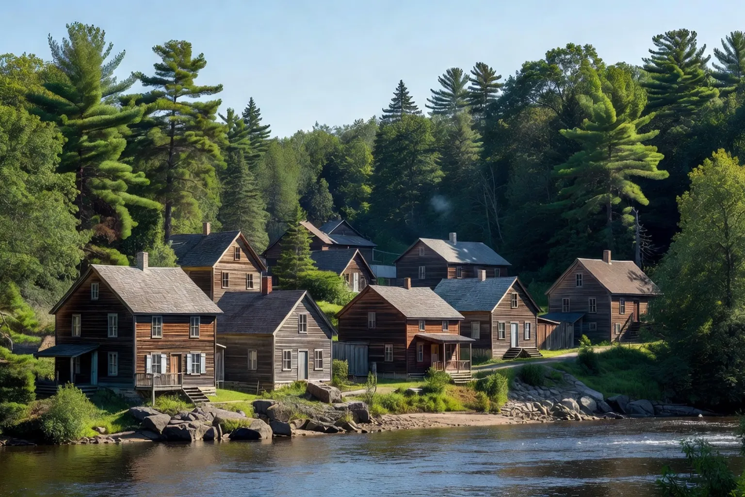 Grandes-Piles village historique : maisons de bois, rivière Saint-Maurice, forêt omniprésente