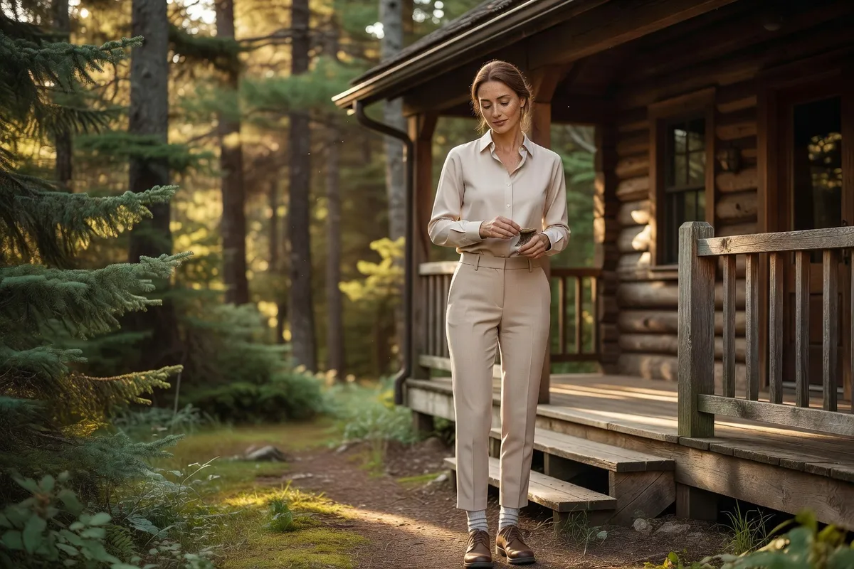 Femme adulte portant des vêtements longs et clairs près d'un chalet après une marche en forêt.
