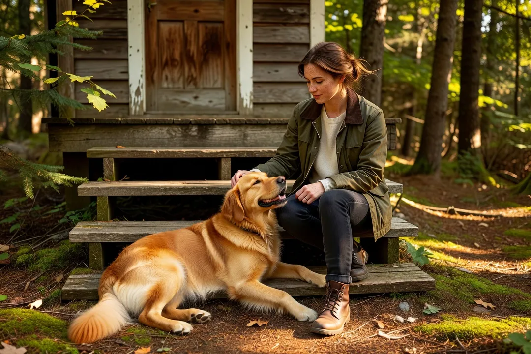 Woman sitting on cottage steps petting her dog in warm afternoon light