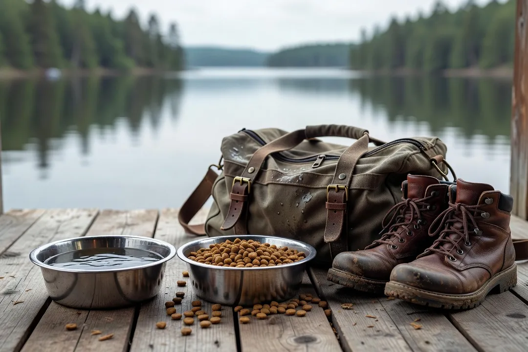 Dog bowls and travel gear arranged on a rustic wooden cottage porch