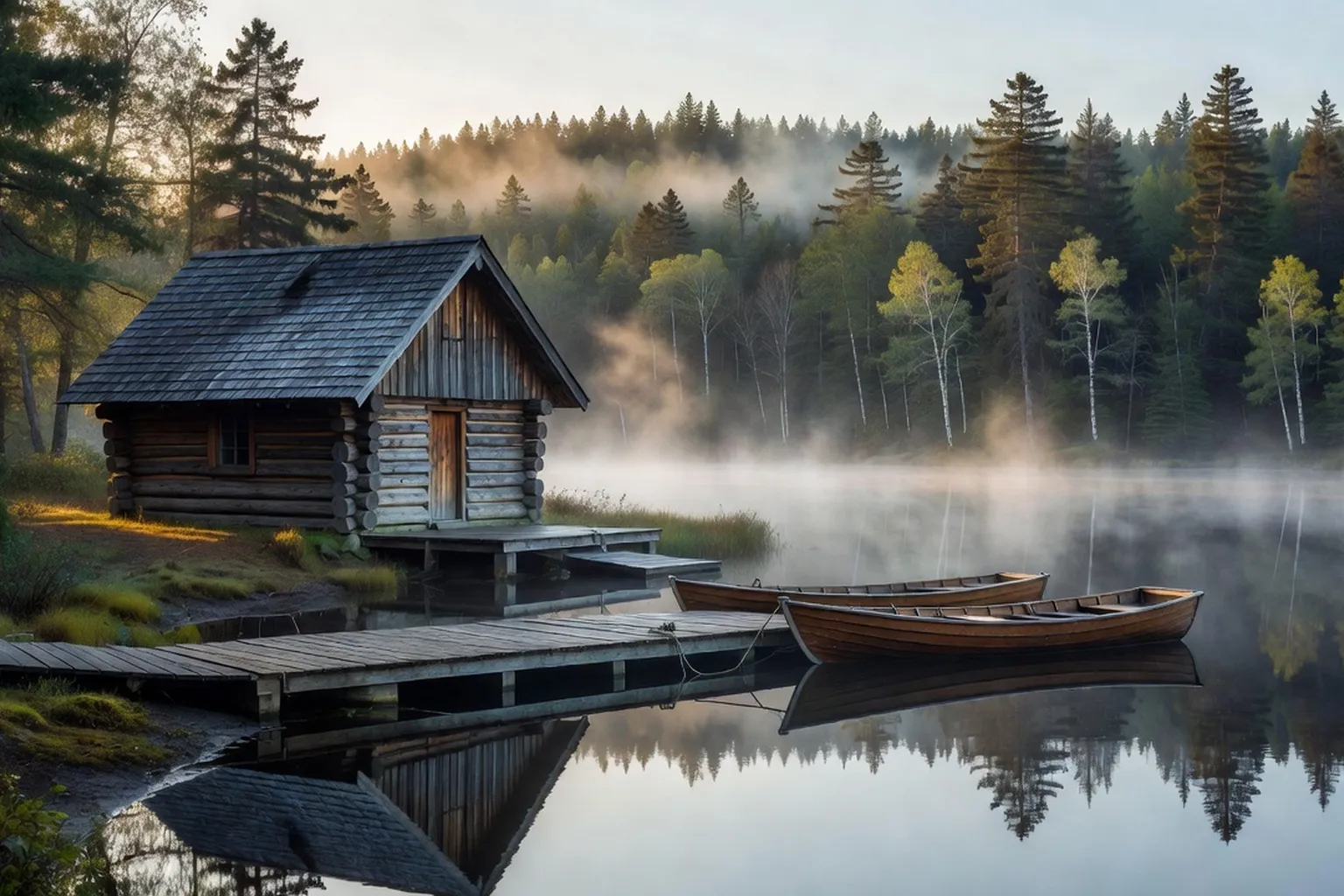 Pourvoirie en Outaouais : camp en bois rond, ponton, chaloupes de pêche, lac calme au lever du soleil