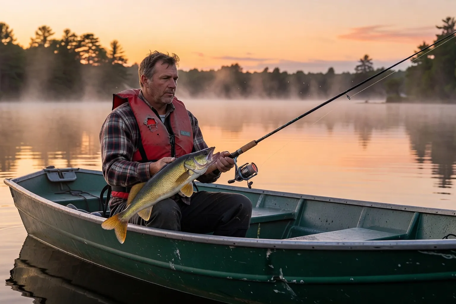 Pêcheur québécois sur un lac de l'Outaouais : moulinet, canne à pêche, doublure en main, brume matinale