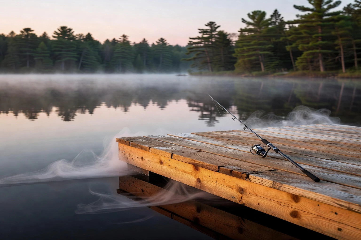 Wooden dock extending into a calm Quebec lake with mist rising at dawn
