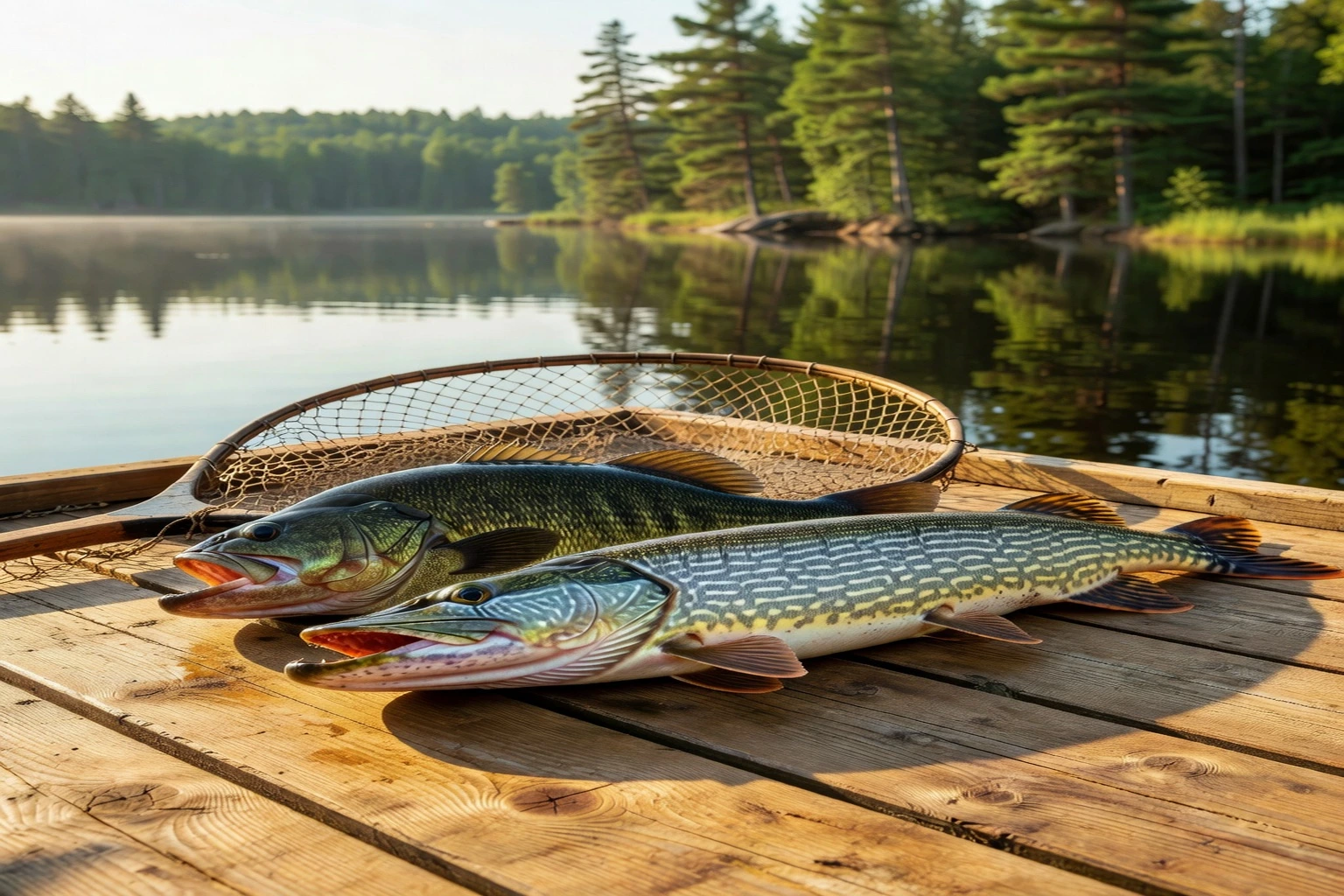 Walleye and northern pike caught on a wooden dock with Quebec forest in background