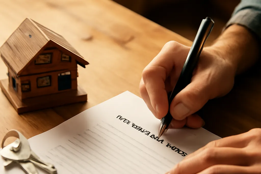 Hands signing a rental contract next to a small model chalet and keys