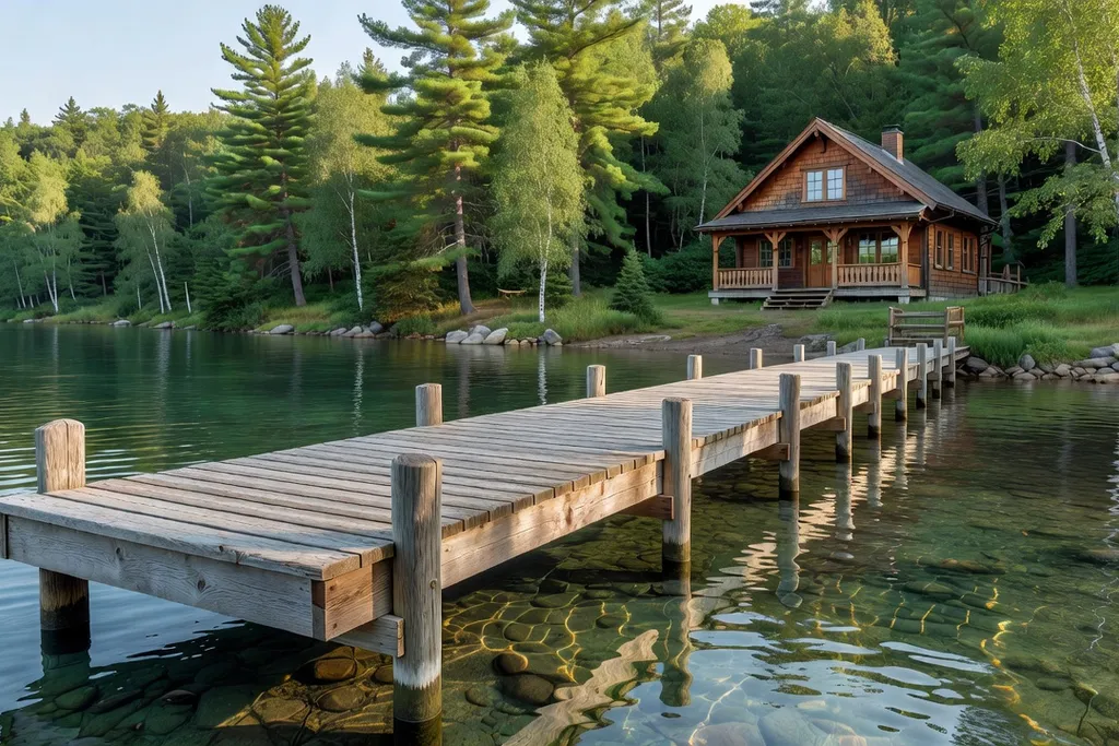 Quai en aluminium aménagé au bord d'un lac québécois devant un chalet