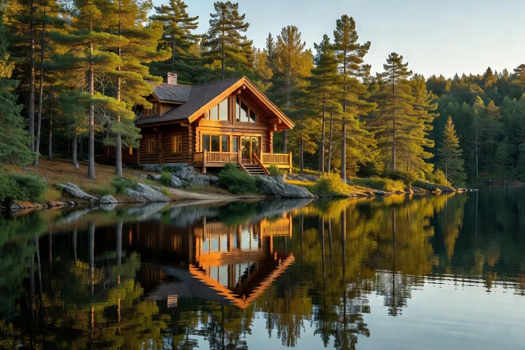Chalet québécois en été au bord d'un lac