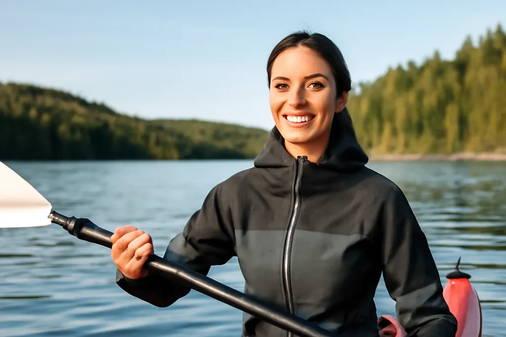 Femme souriante pagayant en kayak sur un lac calme entouré de forêt au Québec