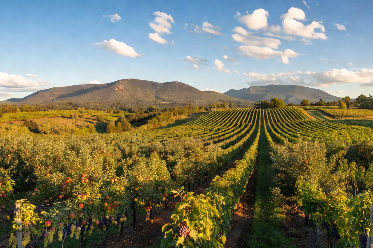 Domaine viticole et cidricole Sutton : rangées de pommiers, montagne Sutton, soleil de fin d'après-midi