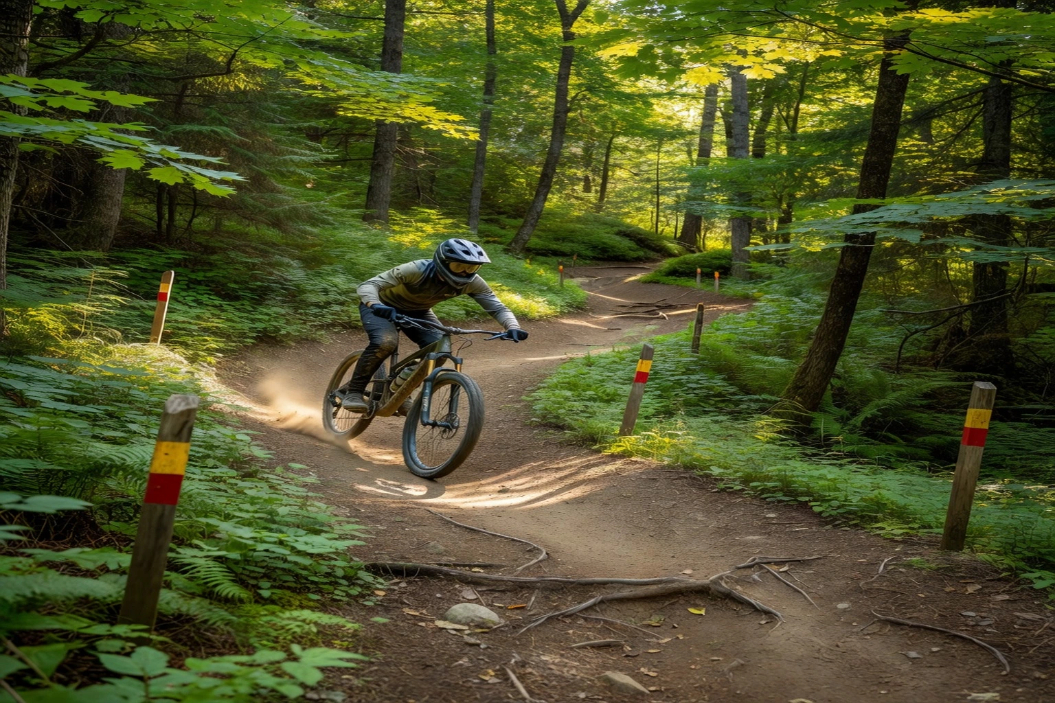 Mountain biker on a green forest trail in Mont Sutton Quebec