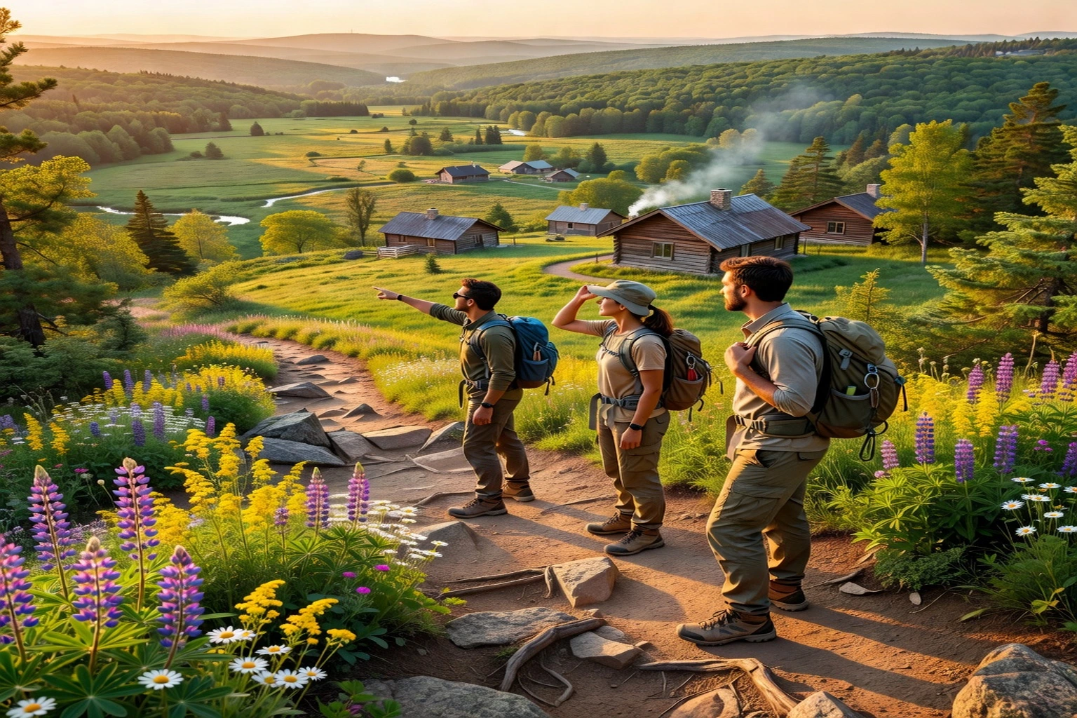 Hikers reaching a scenic summit in Sutton Quebec with green valley views