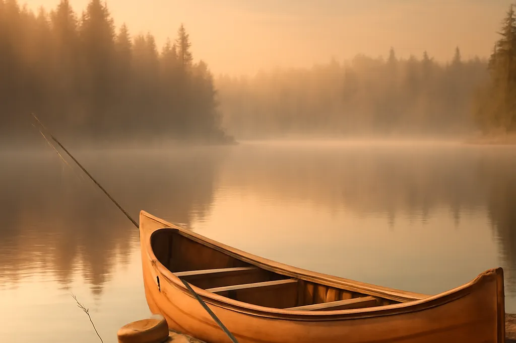 Canoe and fishing gear on a calm Quebec lake shore at golden hour