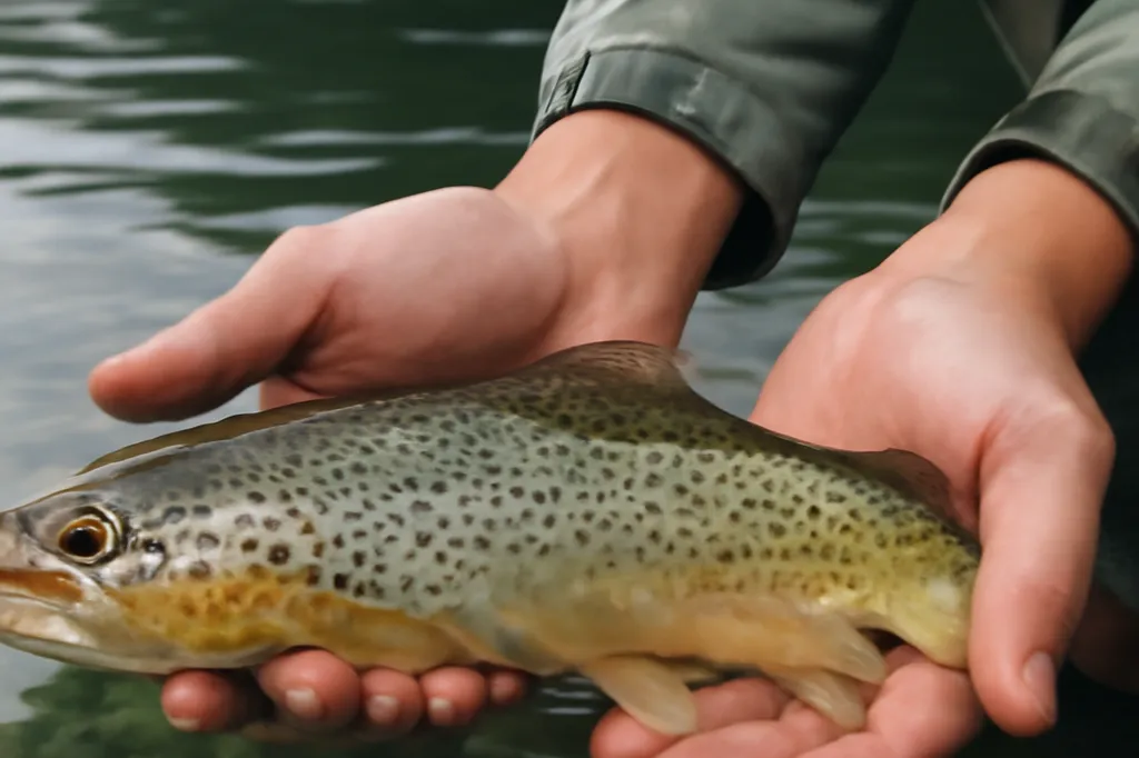 Trout being released back into clear lake water by an angler's hands